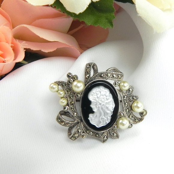 Sterling Silver Marcasite Crystal Onyx Pin | Victorian Cameo Brooch - Picture 1 of 5